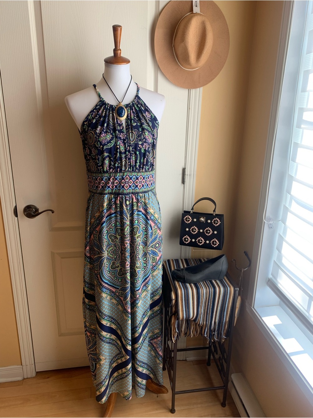 London Times Navy Halter Maxi Dress 10P